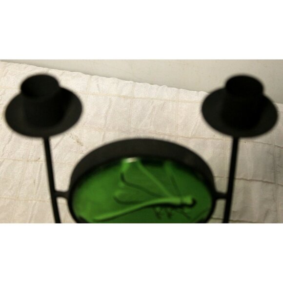 Black Metal Double Taper Dinner Candle Holder Green Glass Dragonfly Decor - Picture 8 of 10